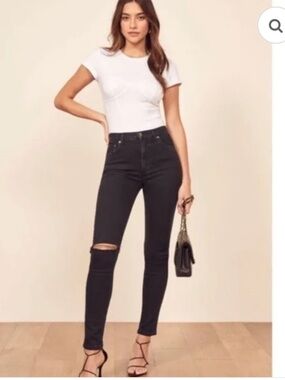 REFORMATION Serena High Rise Skinny Jeans Stretchy Faded Black Destroyed Size 25